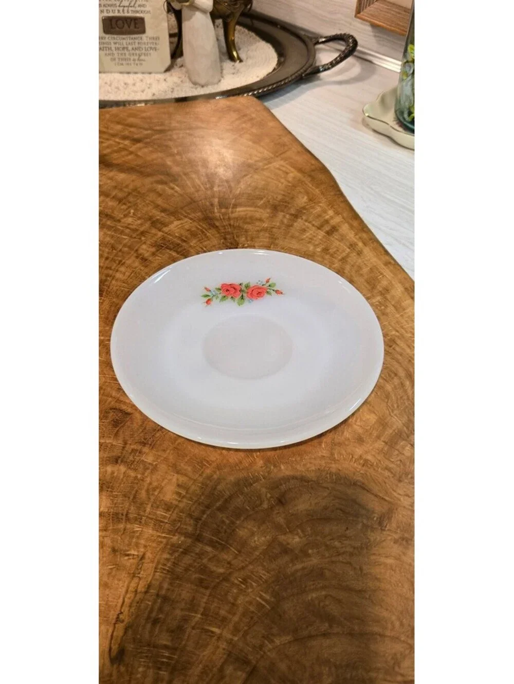 Anchor Hocking Fire-King Milk Glass Saucer with Pink Rose Floral Design